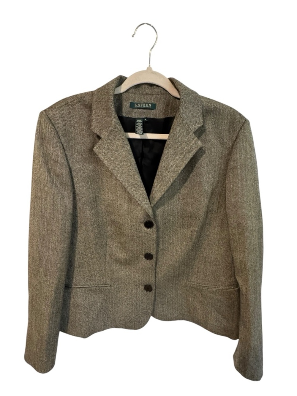 Lauren Ralph Lauren Women’s Wool Blazer Size 16 Beige Herringbone Classic Jacket
